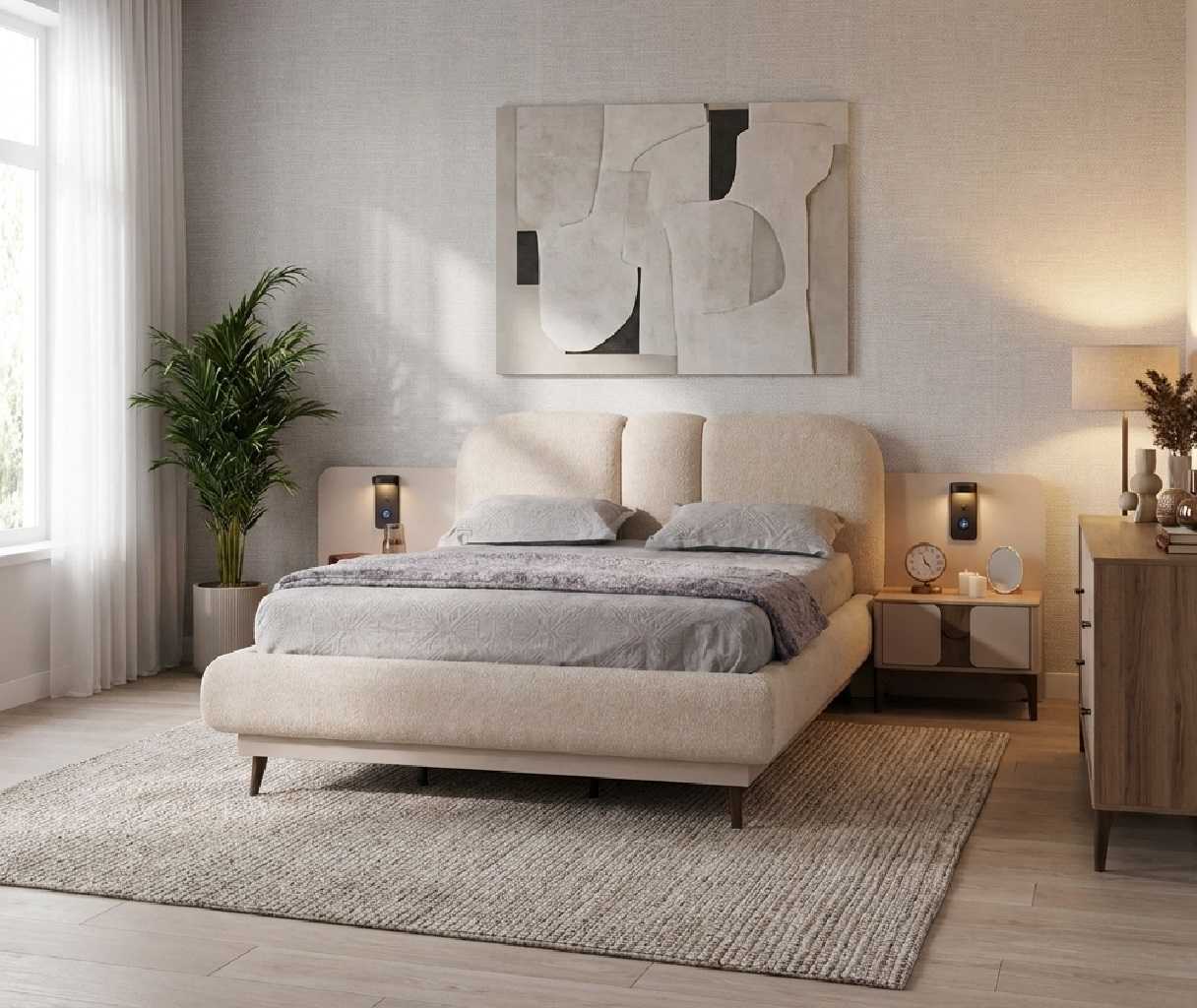 Schlafzimmer Set Beige Modern Luxus Bettgestell Nachttische Bett