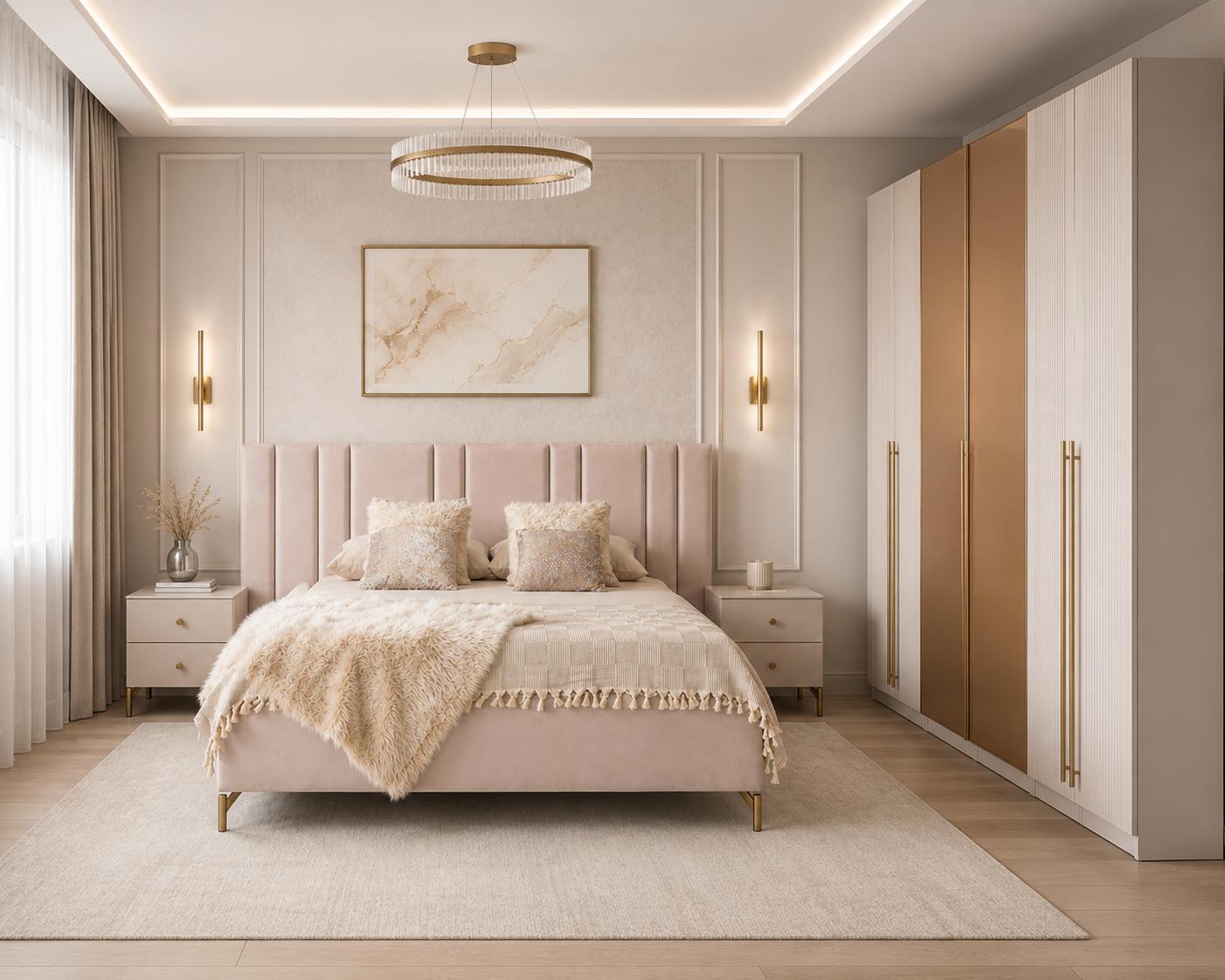 Schlafzimmer Set Bettanlage Kleiderschrank Modern Beige Harmonisch