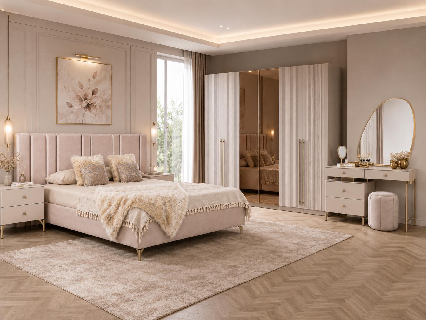 Schlafzimmer Set Bettanlage Kleiderschrank Schminkplatz Modern Beige