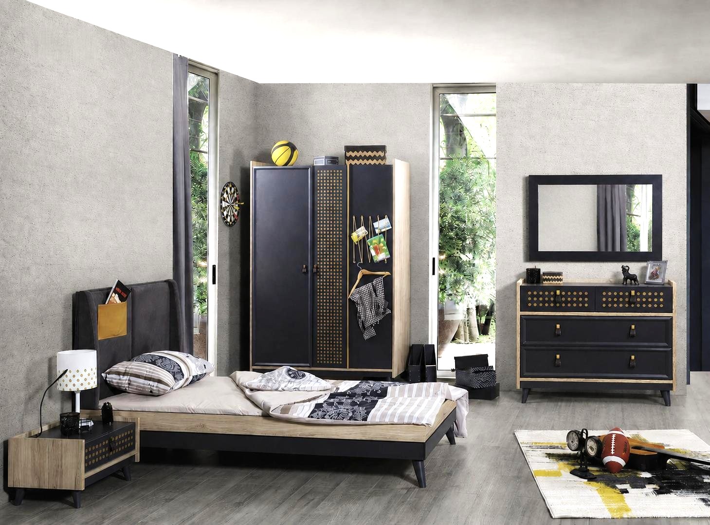 Set Einzelbett Kleiderschrank Kommode Spiegel Grau Beige