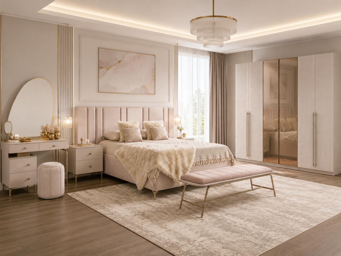 Schlafzimmer Set Bettanlage Schrank Bettbank Schminkplatz Modern Beige