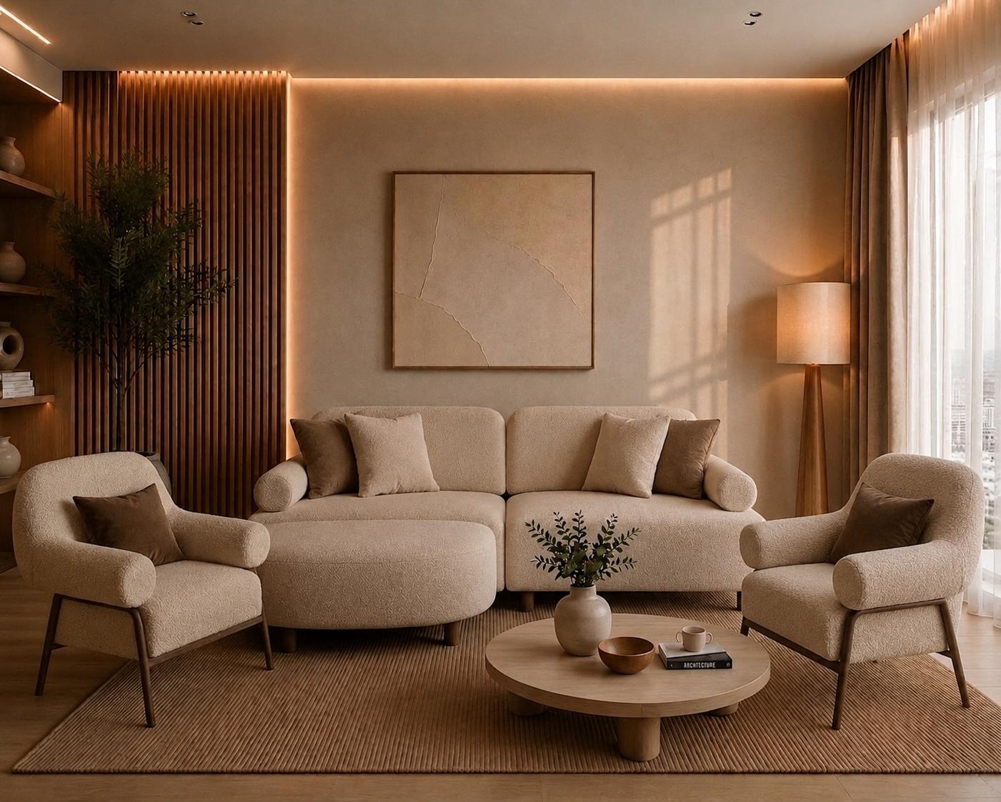Modernes Wohnensemble aus flexiblem 3-Sitzer Sofa und zwei Sesseln