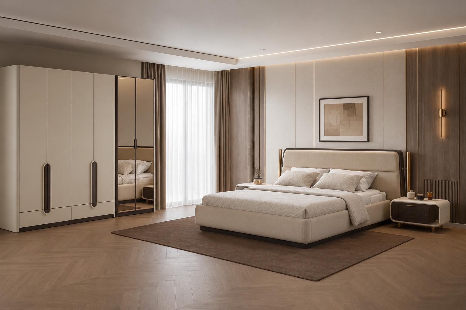 Schlafzimmer Set Bettanlage Kleiderschrank Modern Beige Hingucker