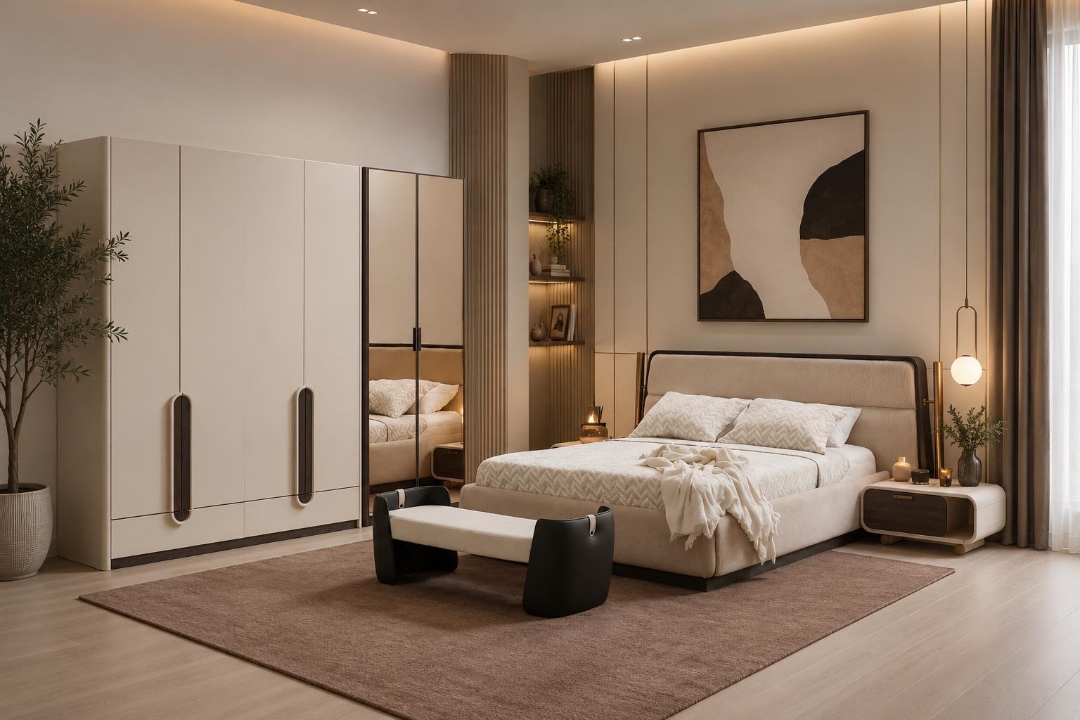 Schlafzimmer Set Bettanlage Kleiderschrank Bettbank Modern Beige Edel
