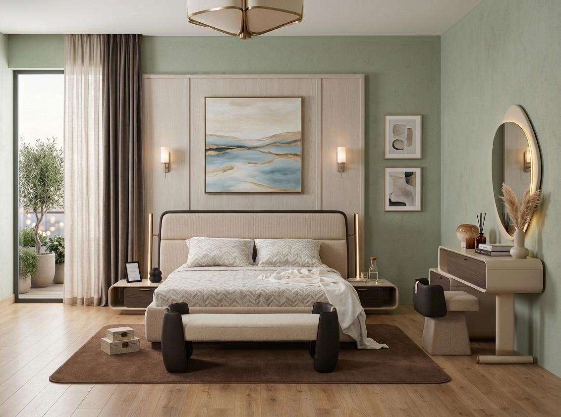 Schlafzimmer Set Bettanlage Schminkplatz Bank Modern Beige