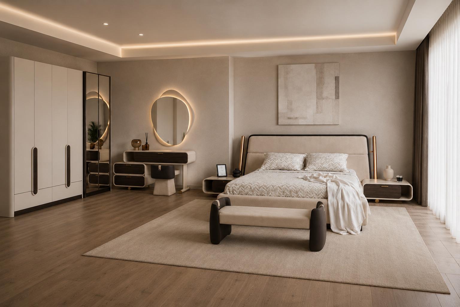 Schlafzimmer Set Bettanlage Bank Schminkplatz Schrank Beige