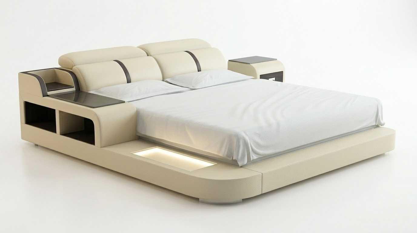 Elegantes Doppelbett Beige mit Nachttisch und hochwertiger Ausstattung