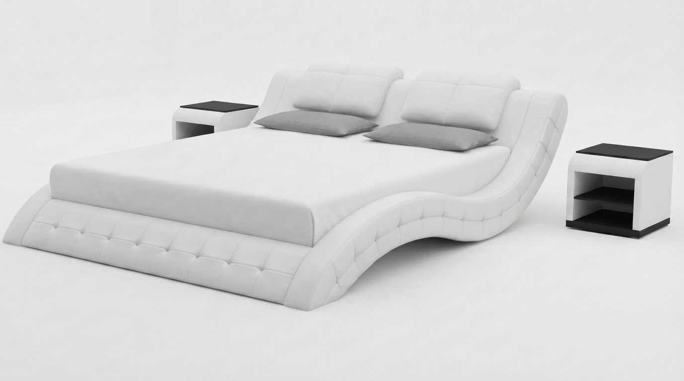 Komfortables Doppelbett Weiß mit gepolstertem Rahmen und Nachttischen