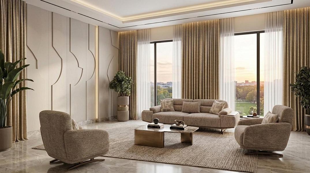Modernes Wohnzimmer Set Sofa 2 Sessel Beige Polstermöbel