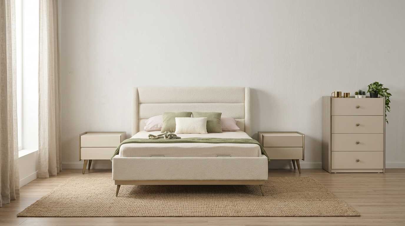Schlafzimmer Set Beige Modern Luxus Bett Nachttisch Schublade
