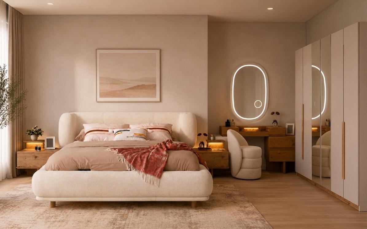 Schlafzimmer Set Bettanlage Kleiderschrank Schminkplatz Modern Beige