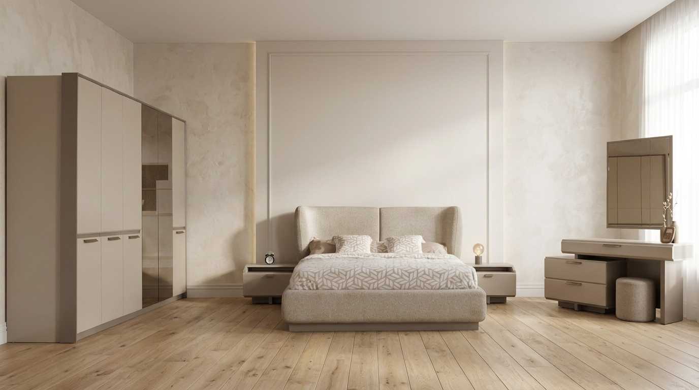 Schlafzimmer Kleiderschrank Bett Schminktisch Beige Modern Edel