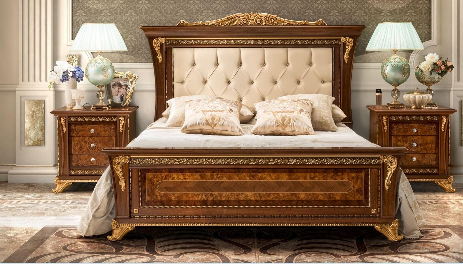 Bett Design 2x Nachttisch 3tlg.Schlafzimmer Set Möbel Klassisch Luxus Betten Neu