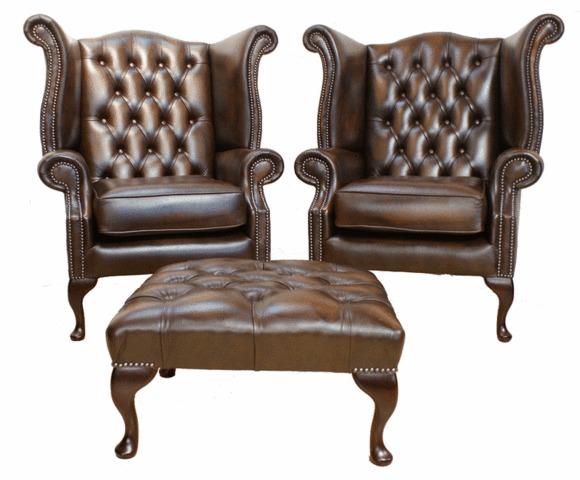 Chesterfield Leder Sessel Set Garnitur Ohrensessel x 2 + Hocker Garnitur
