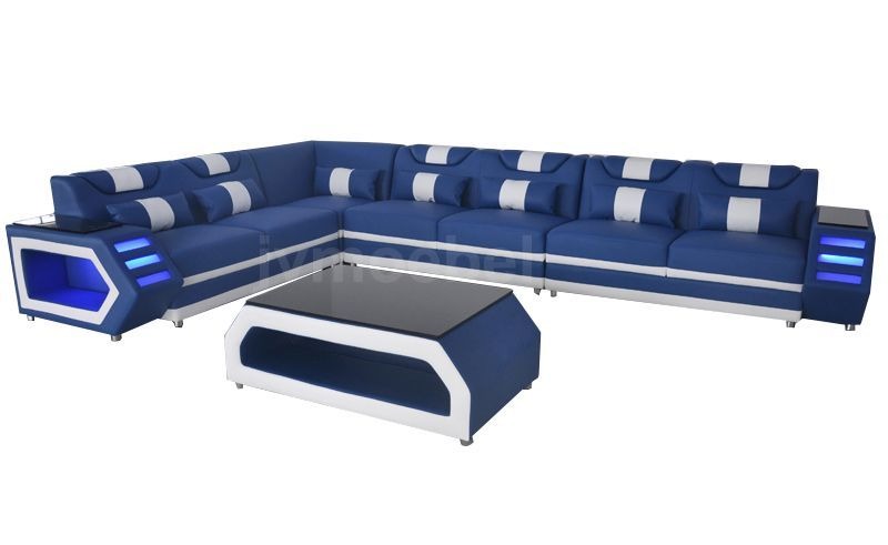 Blaue Design Ecksofa Couch LED Beleuchtung + USB Anschluss Wohnlandschaft Sofa