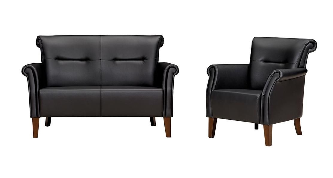 Sofa-Set Schwarz 2-Sitzer Sessel Modern Ledersofas Komplett Holz
