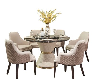 Moderner Esszimmer Set – Runder Esstisch aus Holz & Marmor mit 6 Stühl Sofort
