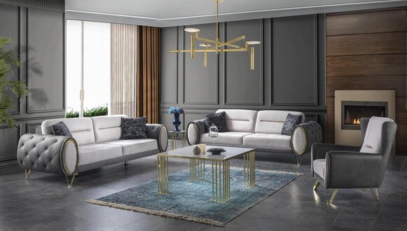 Sofagarnitur 2x 3-Sitzer Sofas Stoff Couchen Polster Garnitur Sofas Grau Sessel