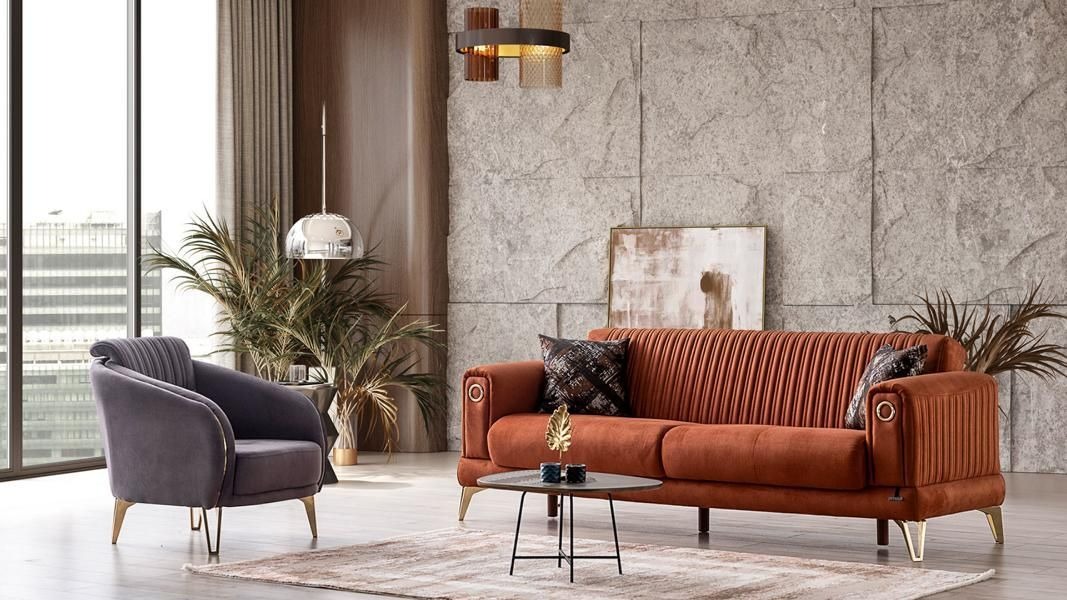 Komfortable Sofagarnitur 3+3+1 Sitzer Terrakota Couch Polster Sitzgarnitur