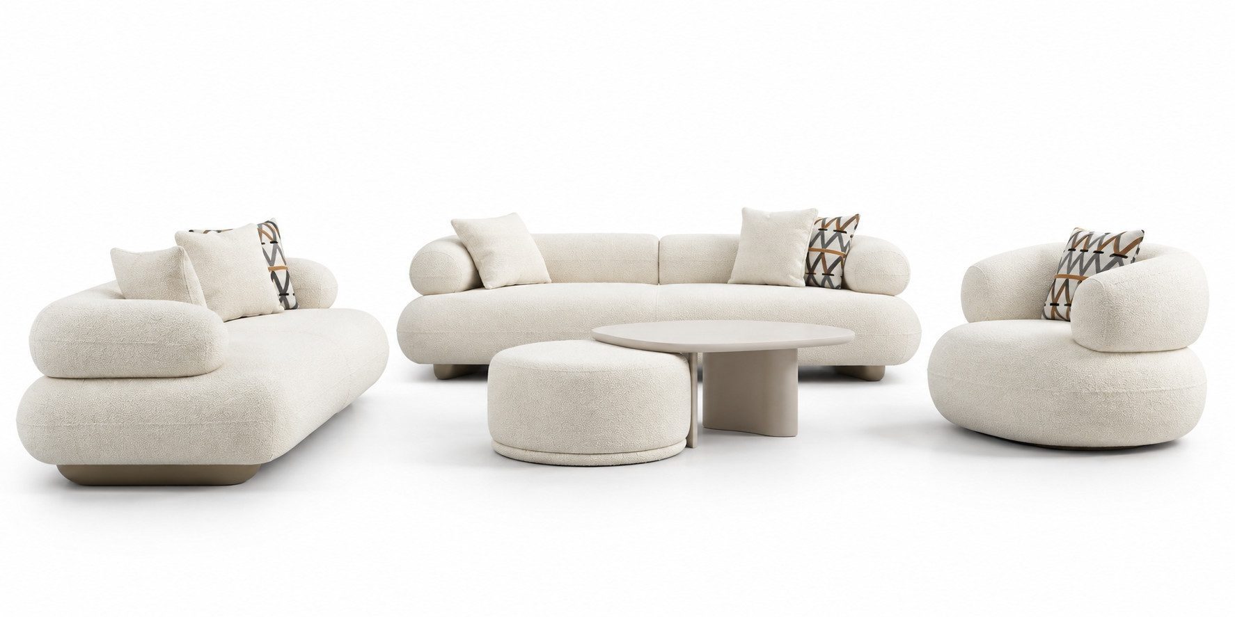 Wohnzimmer Set Bouclé Sofa Sessel Hocker Beige Modern Sofort