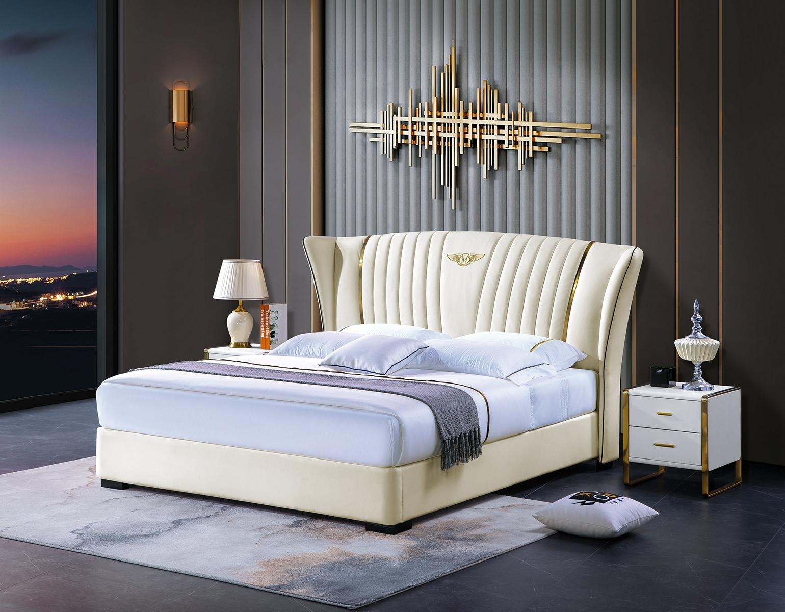 Bett Schlafzimmer Nachttisch Komplettes Set Garnitur 3tlg. Holz Leder Betten Neu.