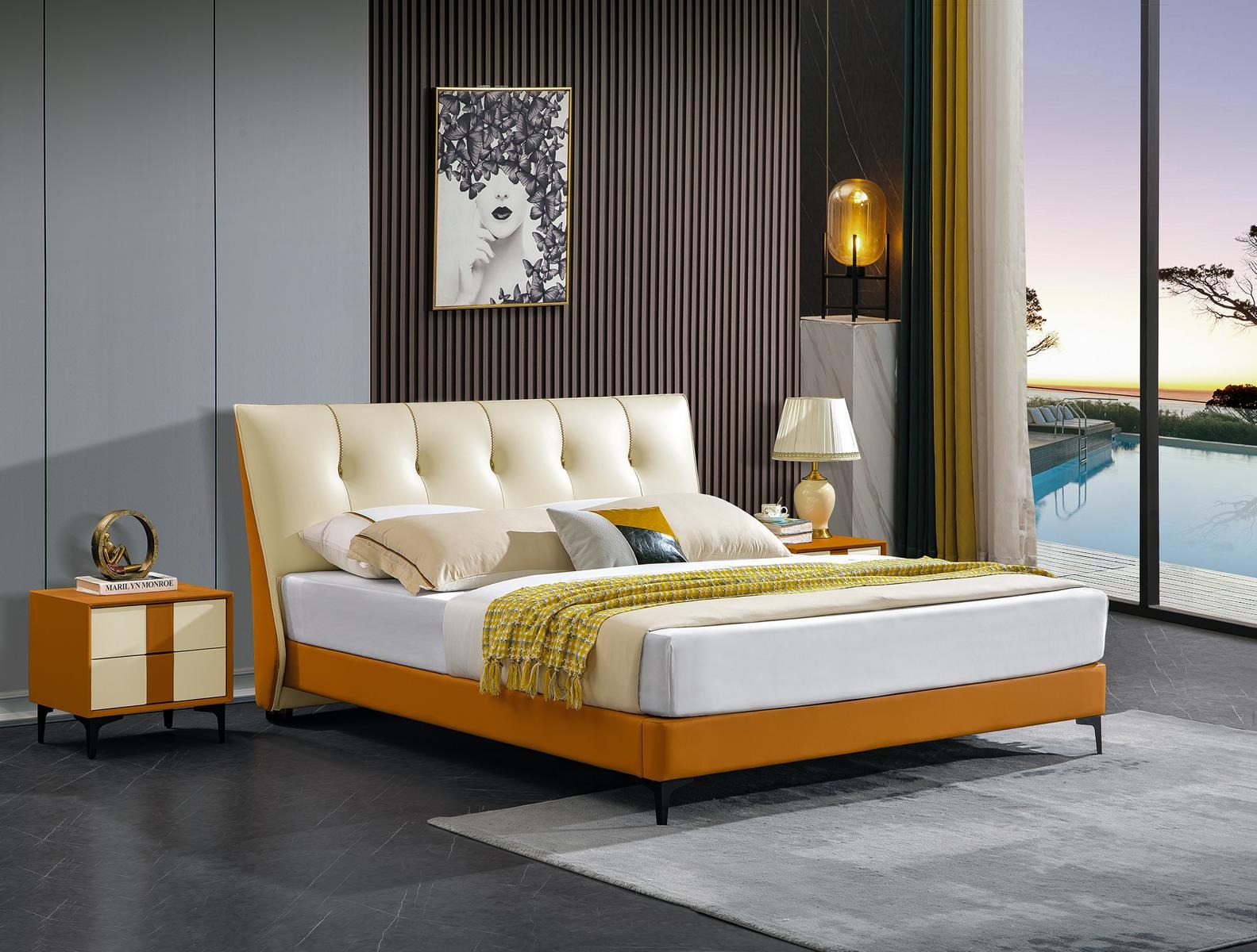 Designer Bett Orange Leder Hotel Kunstleder Betten Doppel Schlaf Zimmer Möbel