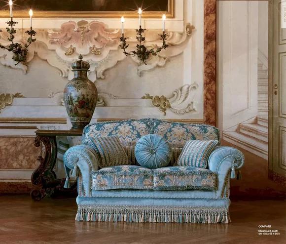 Zweisitzer Sofa 2 Sitzer Sofas Stoff Luxus Blau Holz Wohnzimmer Möbel