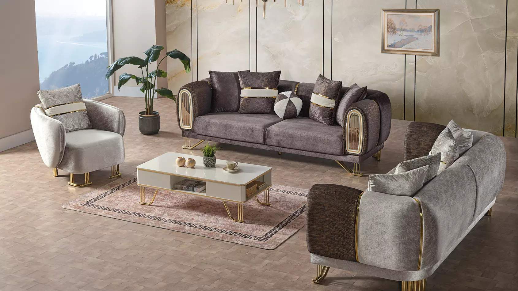 Sofagarnitur 3+3+1 Sitzer Wohnzimmer Set Komplett Textil Sofa Sessel