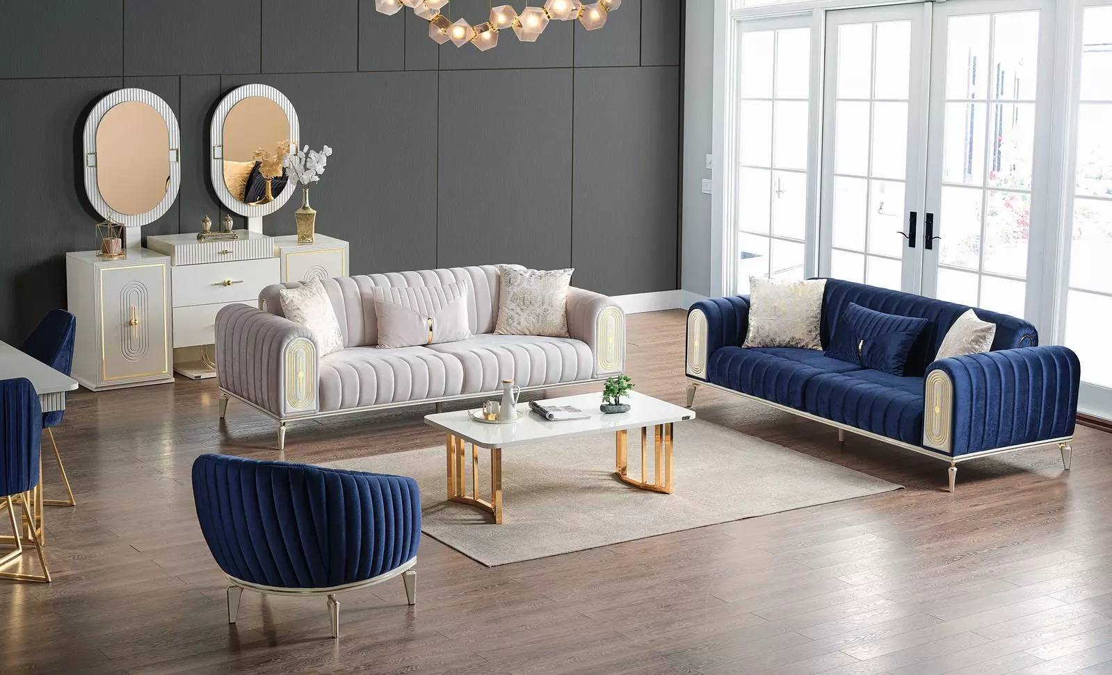 Sofagarnitur 3+3+1 Sitzer Wohnzimmer Set Komplett Sofa Sessel Blau