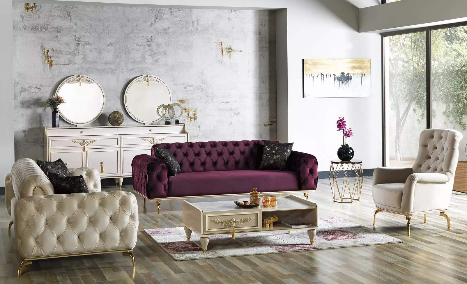 Designer Sofagarnitur 3+3+1 Sitzer Chesterfield Couch Sitzgarnitur Set