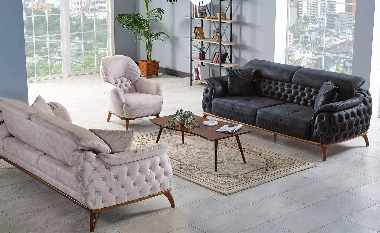 Sofagarnitur 3+3+1 Sitzer Modern Relax Sessel Chesterfield Stil 3tlg
