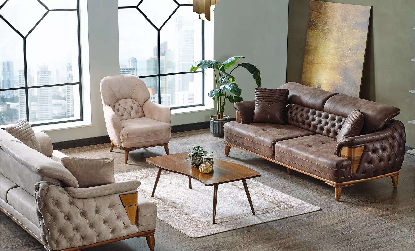 Sofagarnitur 3+3+1 Holz Wohnzimmer Luxus Sofa Chesterfield Komplett