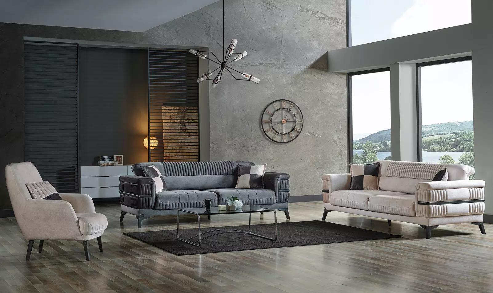 Sofagarnitur 3+3+1 Holz Wohnzimmer Luxus Sofa Modern Stoff Komplett