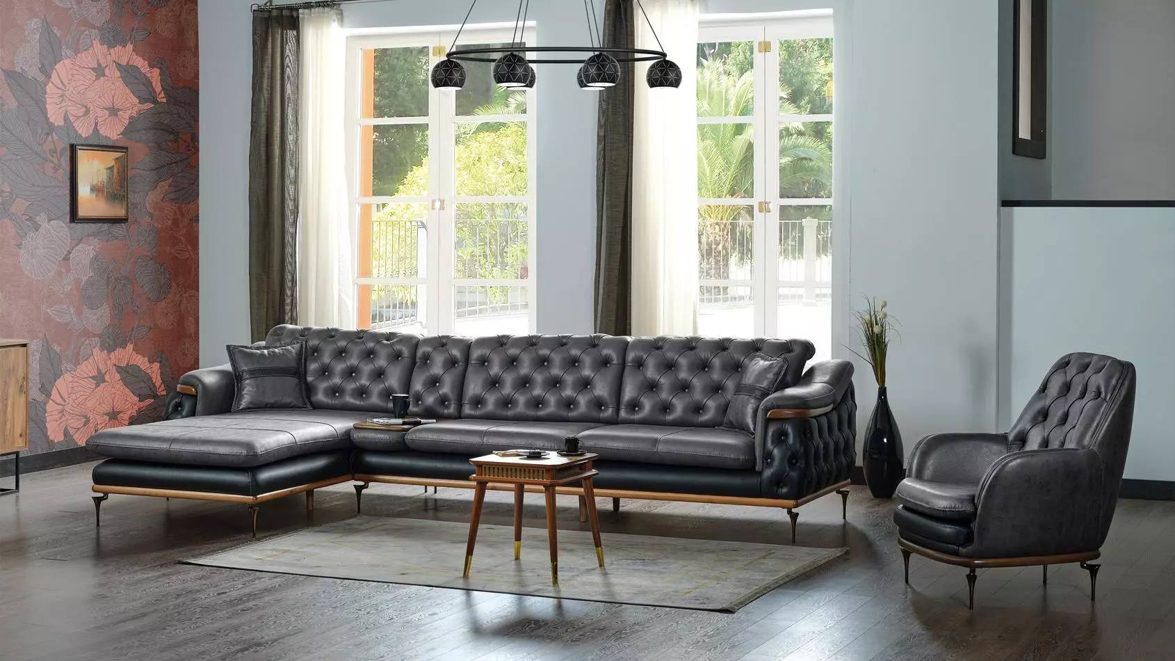 Schwarz Wohnzimmer Set Ecksofa L-Form Sessel Chesterfield Komplett
