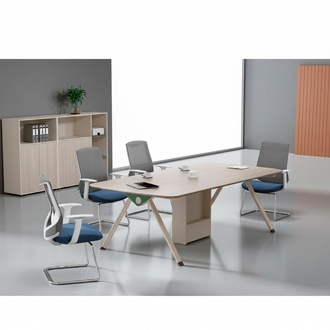 Beige Arbeitszimmer Garnitur Designer Konferenztisch Edle Holz Schränke