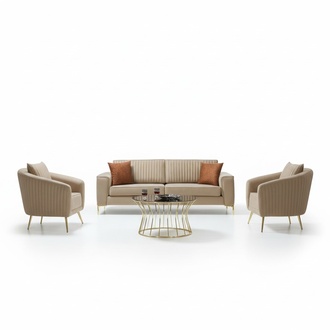 Beige Edelstahl Sofagarnitur Moderner Dreisitzer Luxus 2x Lehnsessel 3tlg