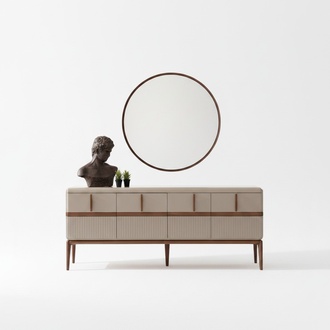Beige Esszimmer Möbel Luxus Holz Anrichte 4-türig Glas Spiegel 2tlg Set