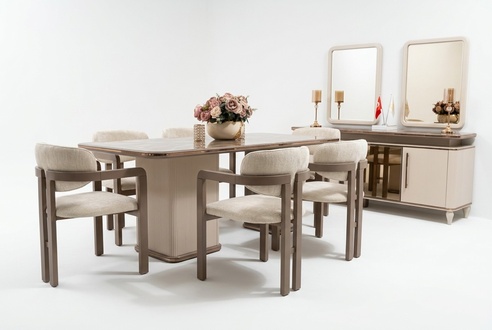 Beige Holz-Textil Stühle im Set von 6 eleganter Stil