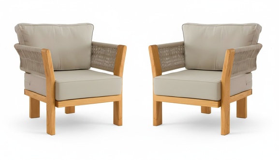 Beige Stoff- und Holzsessel im modernen Design, 2er-Set