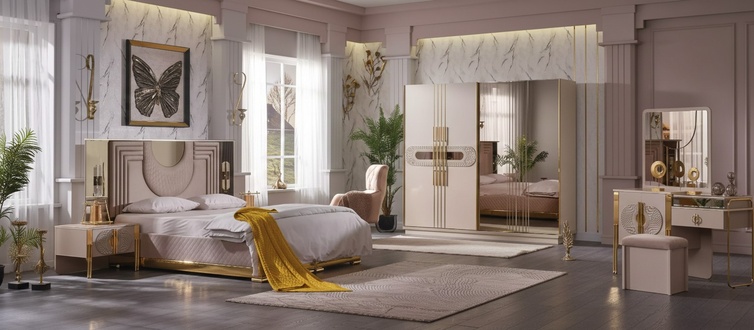 Beiges Schlafzimmer Set Bett 2x Nachttische Kleiderschrank Schminktisch