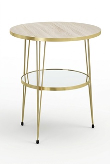 Design Couchtisch Rund mit Ablage Set - Holzoptik mit goldenen Metallbeinen