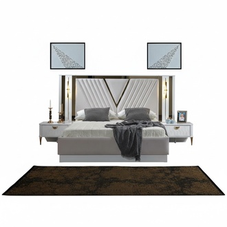 Bett 2X Nachttisch Schlafzimmer Doppel Luxus weiß Design neu Modern