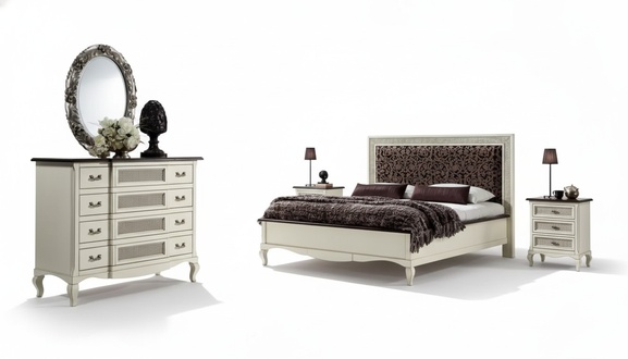 Bett 2x Nachttische 5tlg. Italienische Möbel Schlafzimmer Kommode Holz