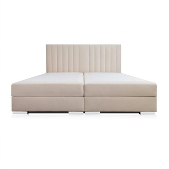 Bett Beige Polster Stoff Design Luxus Holz Doppel Betten Schlafzimmer Modern Neu
