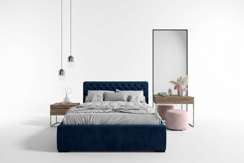 Bett Blau Modern Design Stoff Polster Schlafzimmer Doppelbett Holz Elegantes Neu