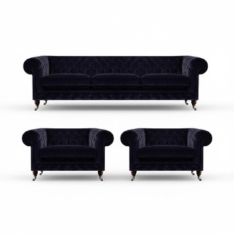 Blaue Chesterfield Couchgarnitur Designer 3-Sitzer 2x Polstersessel 3tlg