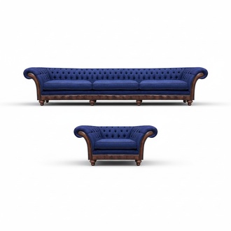 Blaue Chesterfield Polstermöbel Designer 3-Sitzer Sofa Stoffsessel 2tlg