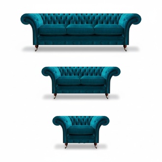 Blaue Designer Chesterfield Posltermöbel Wohnzimmer Textil Couchen 3tlg