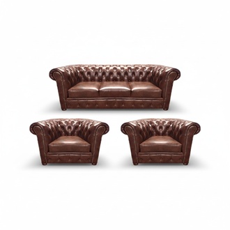 Braun Luxus Sofa Set 3tlg Wohnzimmer Polstermöbel Leder Sitz Chesterfield
