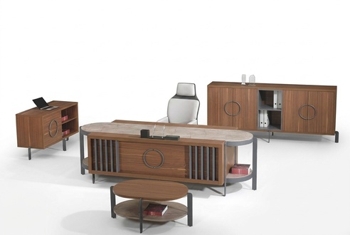 Bürotisch Gruppe Büro Schreibtisch Set 4tlg Holz Braun Kommode Groß